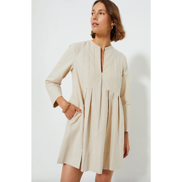 Tuckernuck Luella Mini Shirt Dress NWT Small Pleated 3/4 Sleeve Stone Tan - Picture 1 of 7